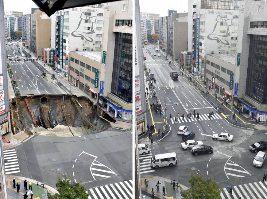 Японцы отремонтировали 30-метровую яму на дороге всего за неделю